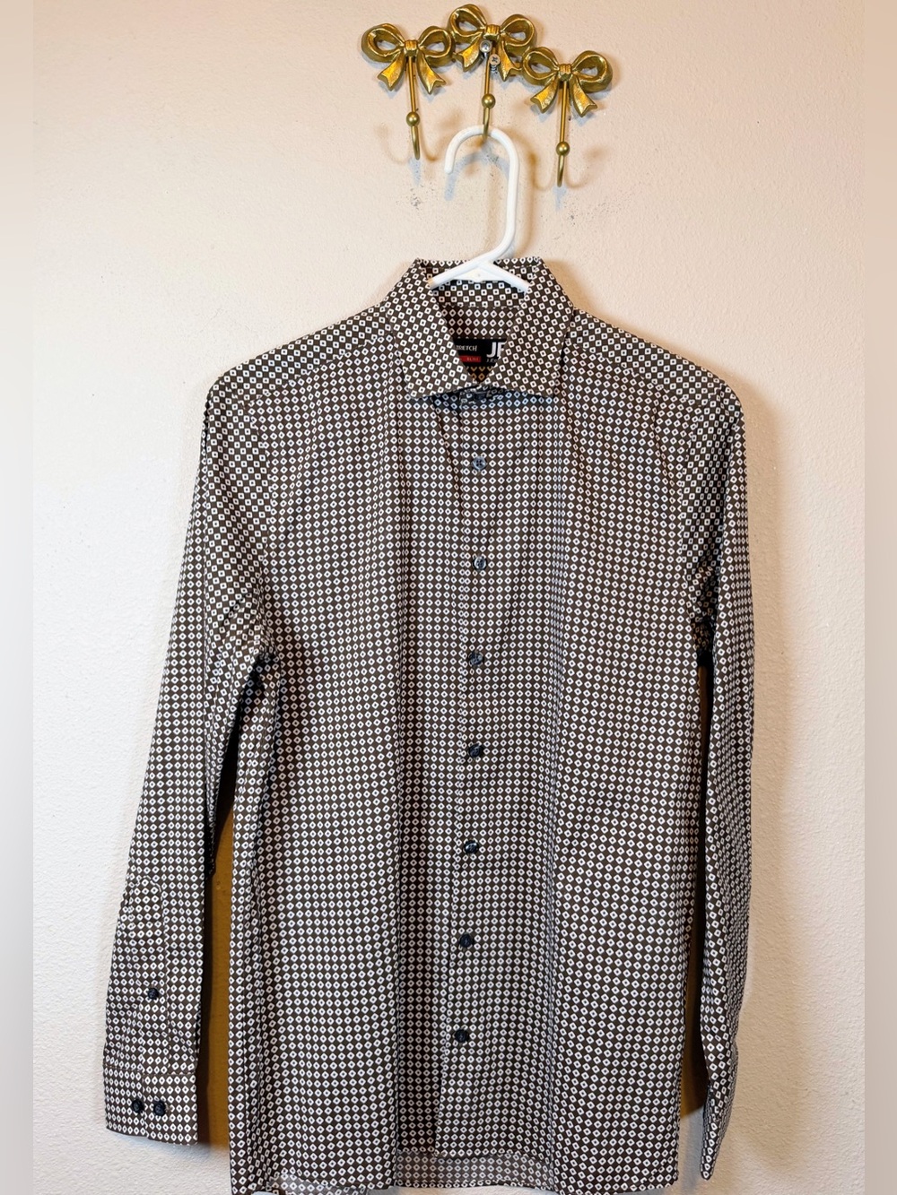 JF J. Ferrar Brown & White Geometric Diamond Print Dress Shirt. Size S